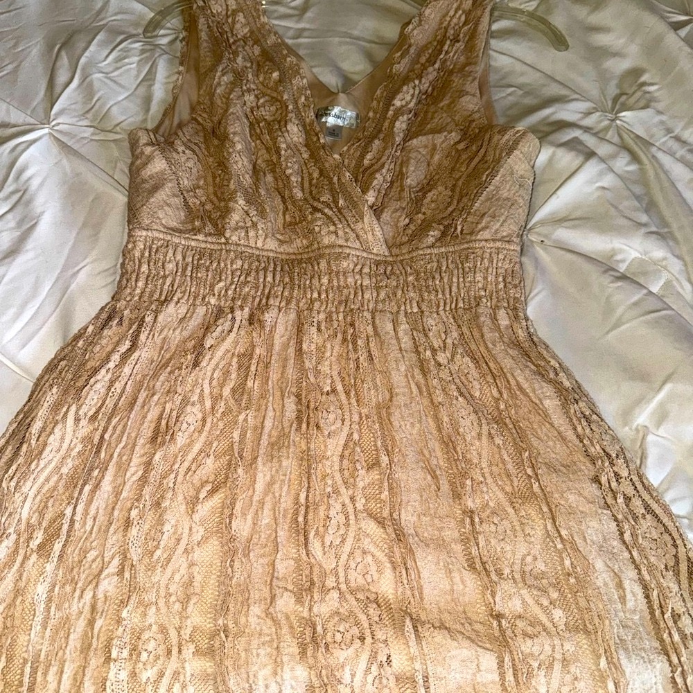 Dressbarn Tan Bohemian High Low Tiered Lace Sundress Size 8 - Picture 7 of 14